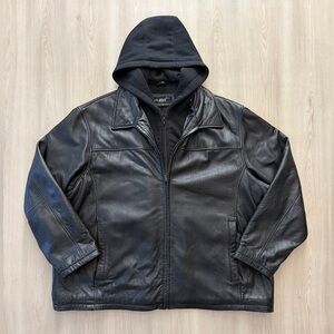 Black Rivet Hooded Genuine Leather Jacket Sz 3XL Casual Grunge Goth Biker